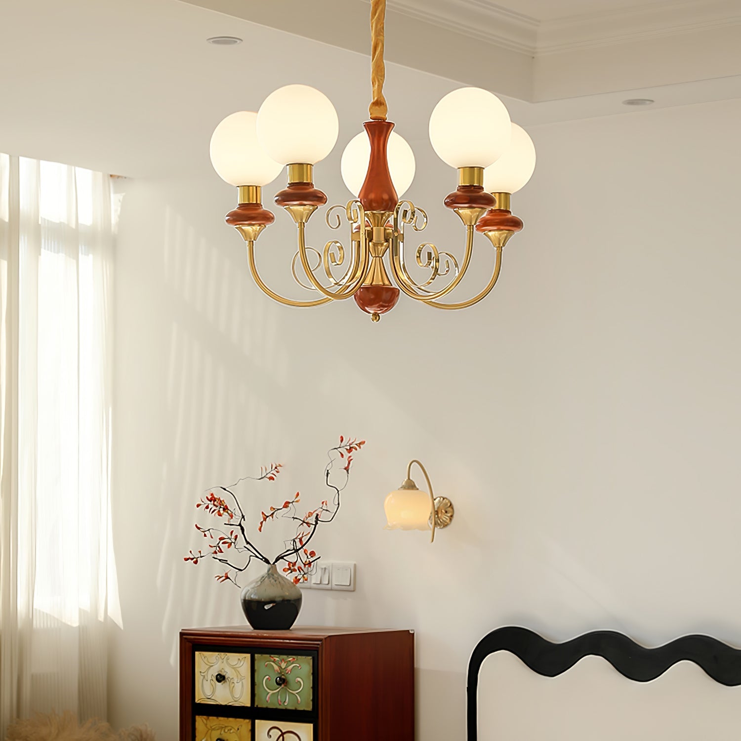 Vintage Chandelier with Spherical Shades & Arms