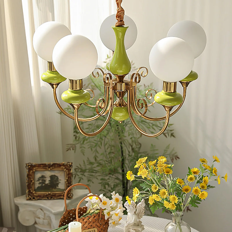 Vintage Chandelier with Spherical Shades & Arms