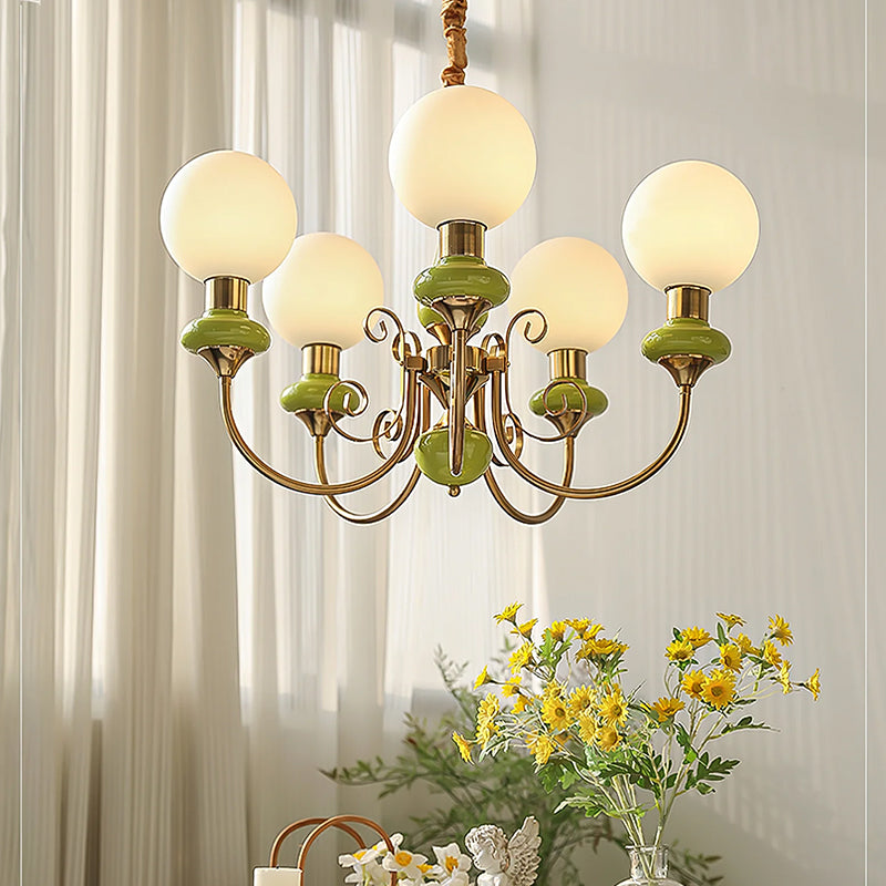 Vintage Chandelier with Spherical Shades & Arms