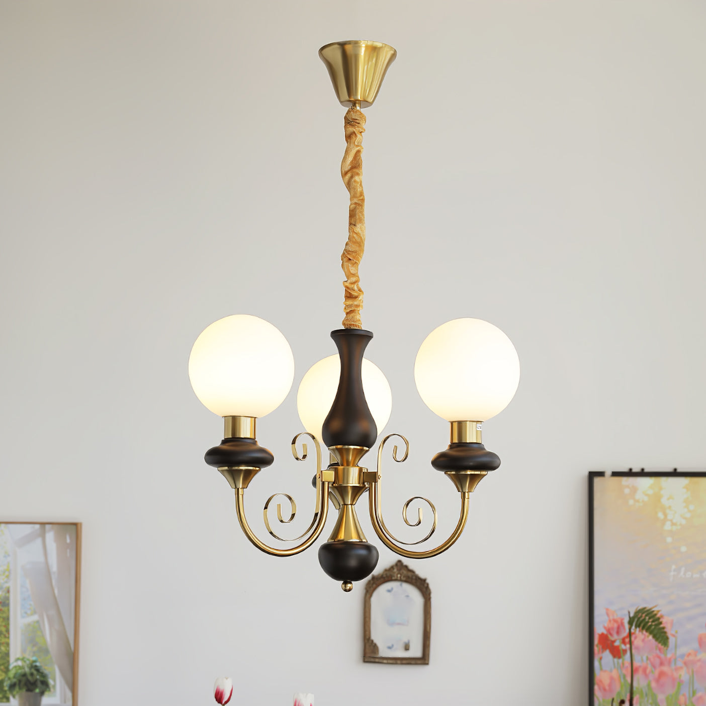 Vintage Chandelier with Spherical Shades & Arms