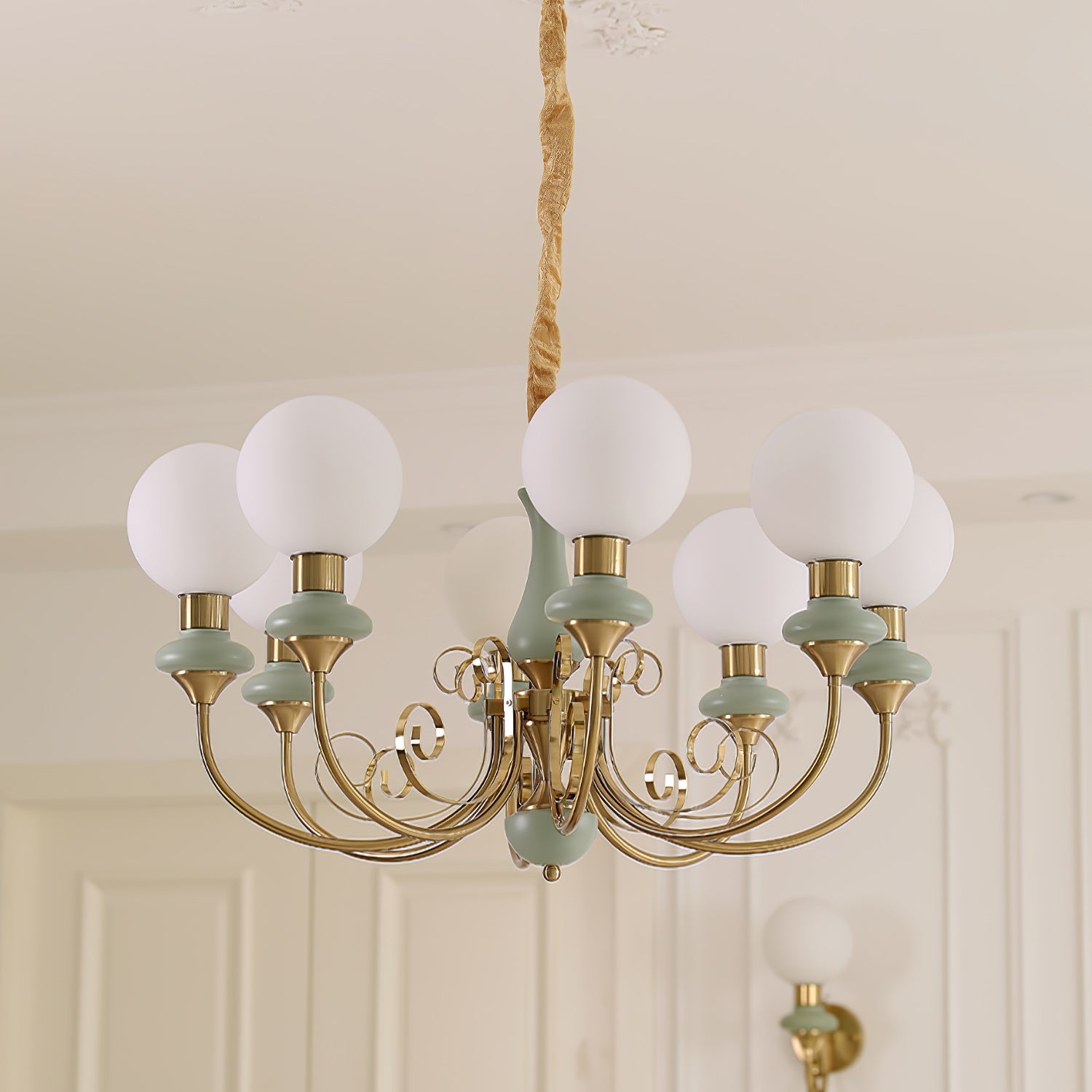 Vintage Chandelier with Spherical Shades & Arms