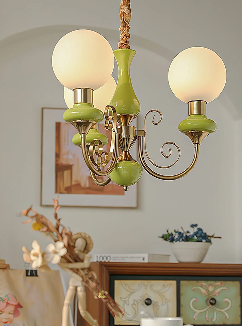 Vintage Chandelier with Spherical Shades & Arms