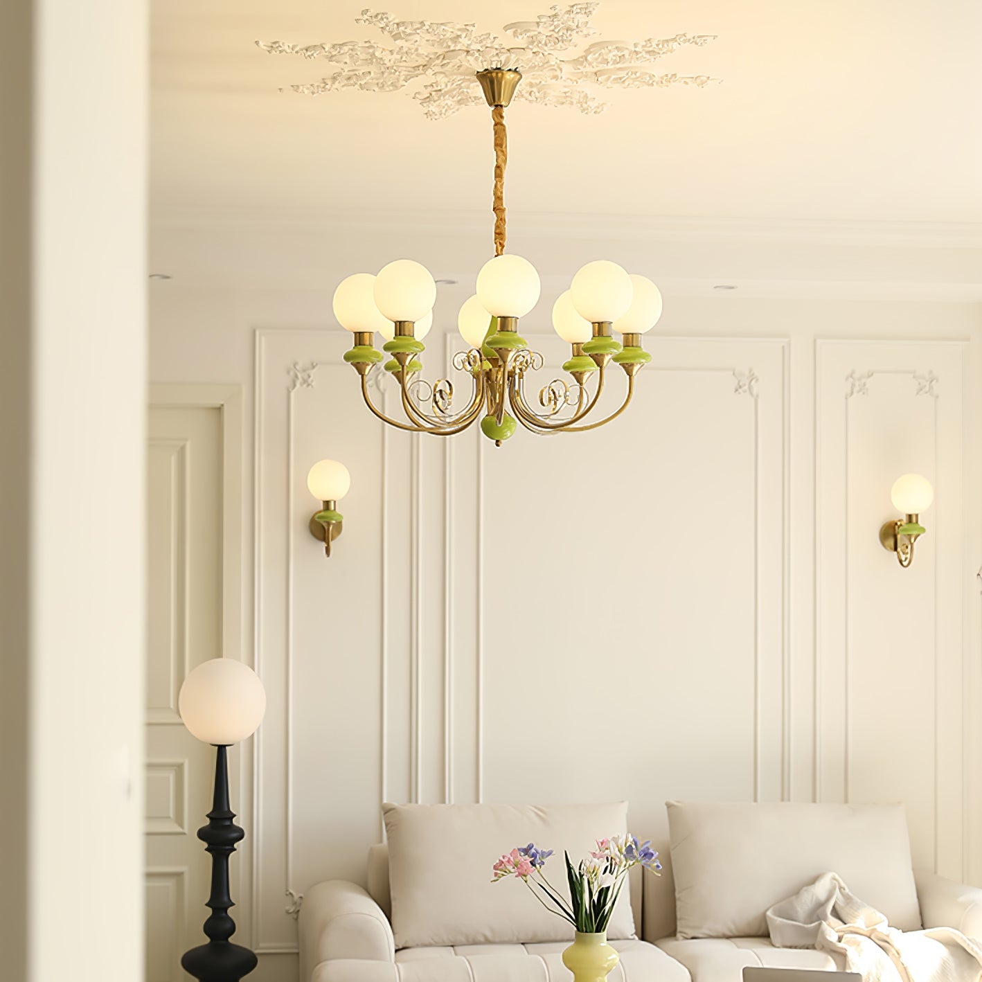 Vintage Chandelier with Spherical Shades & Arms