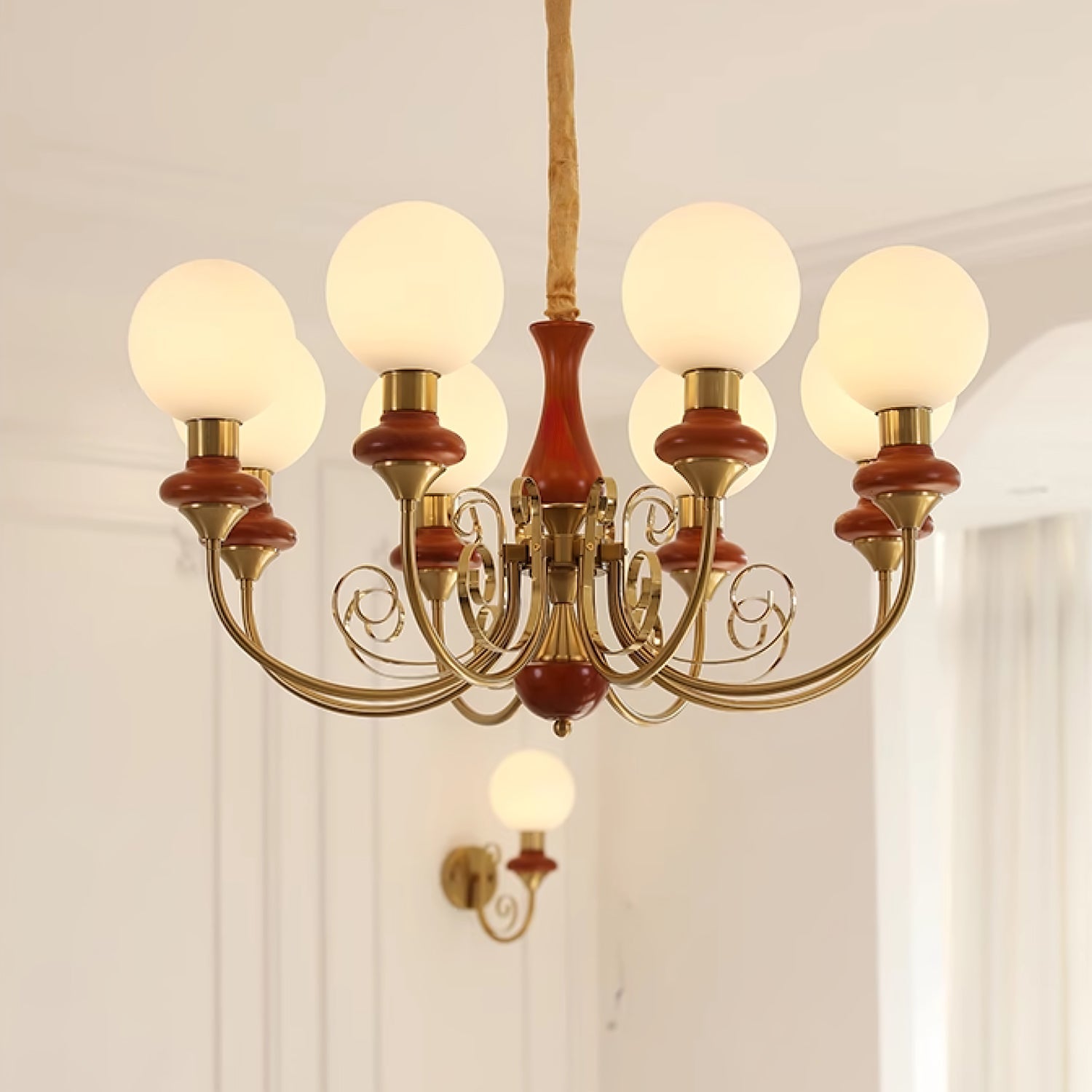 Vintage Chandelier with Spherical Shades & Arms