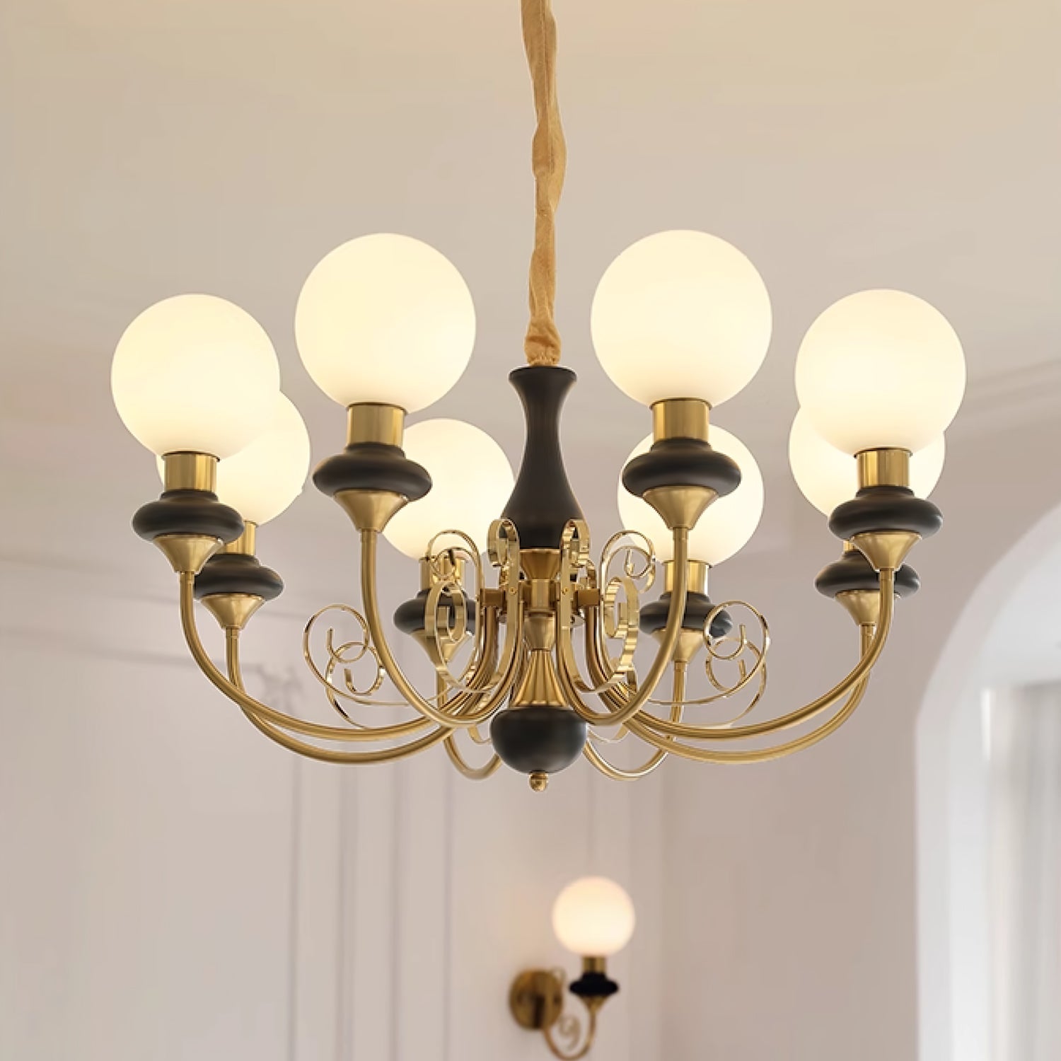 Vintage Chandelier with Spherical Shades & Arms