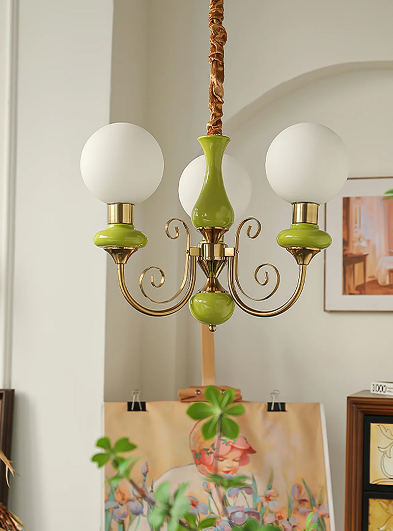 Vintage Chandelier with Spherical Shades & Arms