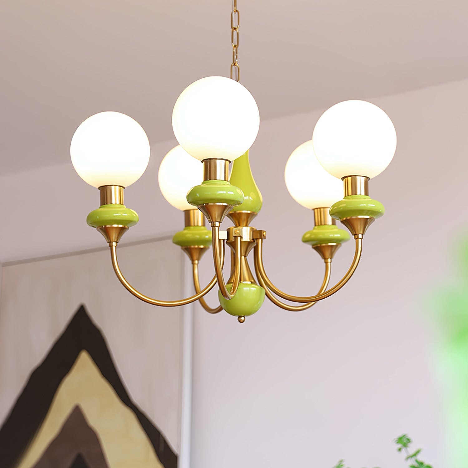 Vintage Chandelier with Spherical Shades & Arms