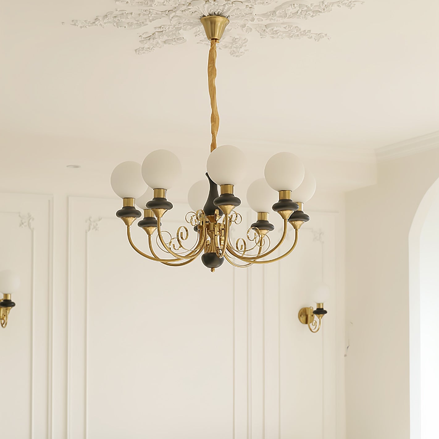 Vintage Chandelier with Spherical Shades & Arms