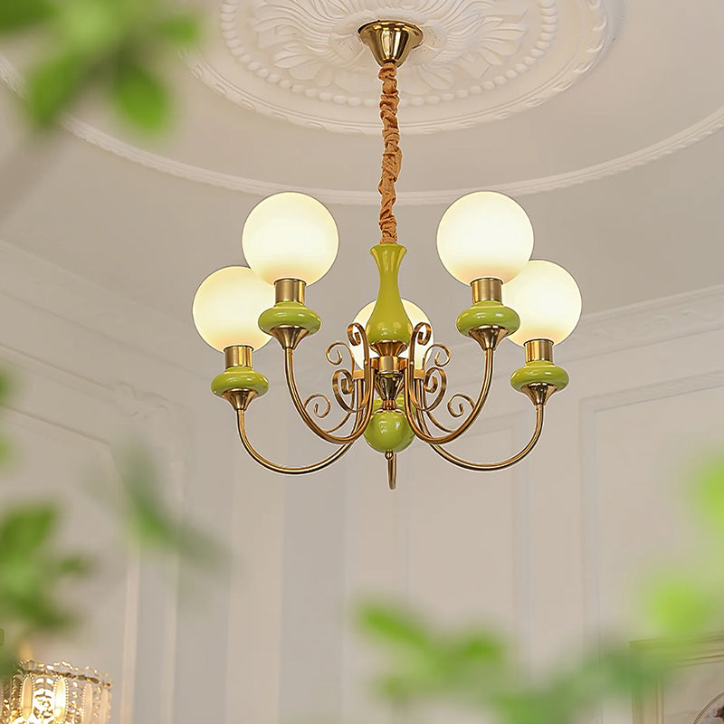 Vintage Chandelier with Spherical Shades & Arms