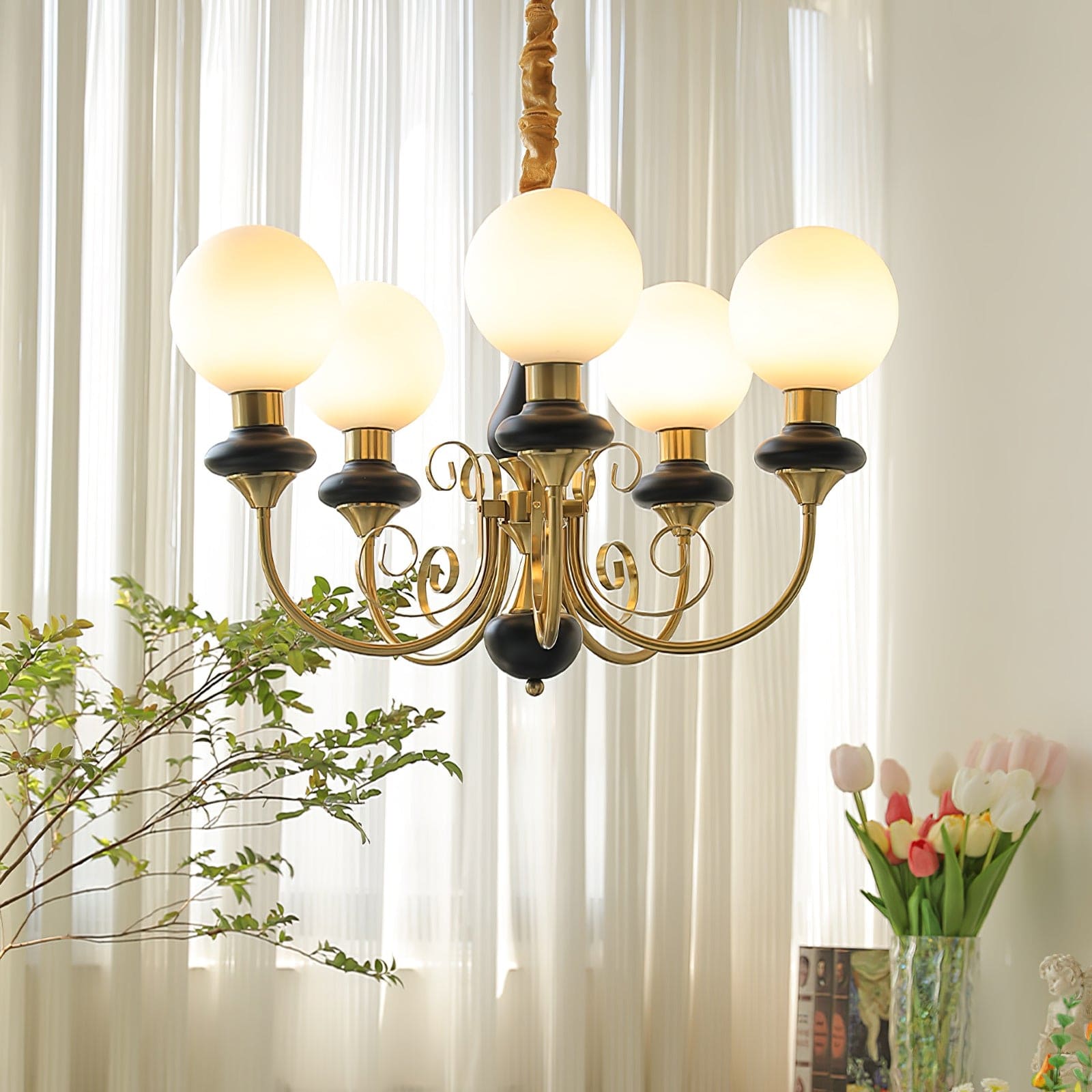Vintage Chandelier with Spherical Shades & Arms