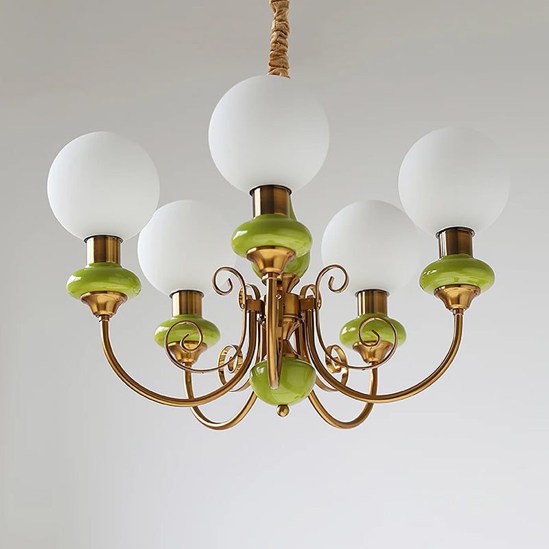 Vintage Chandelier with Spherical Shades & Arms