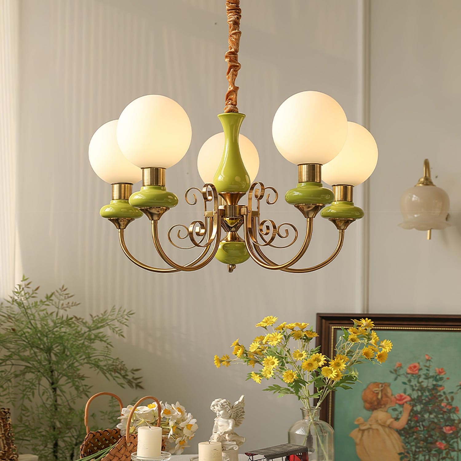 Vintage Chandelier with Spherical Shades & Arms