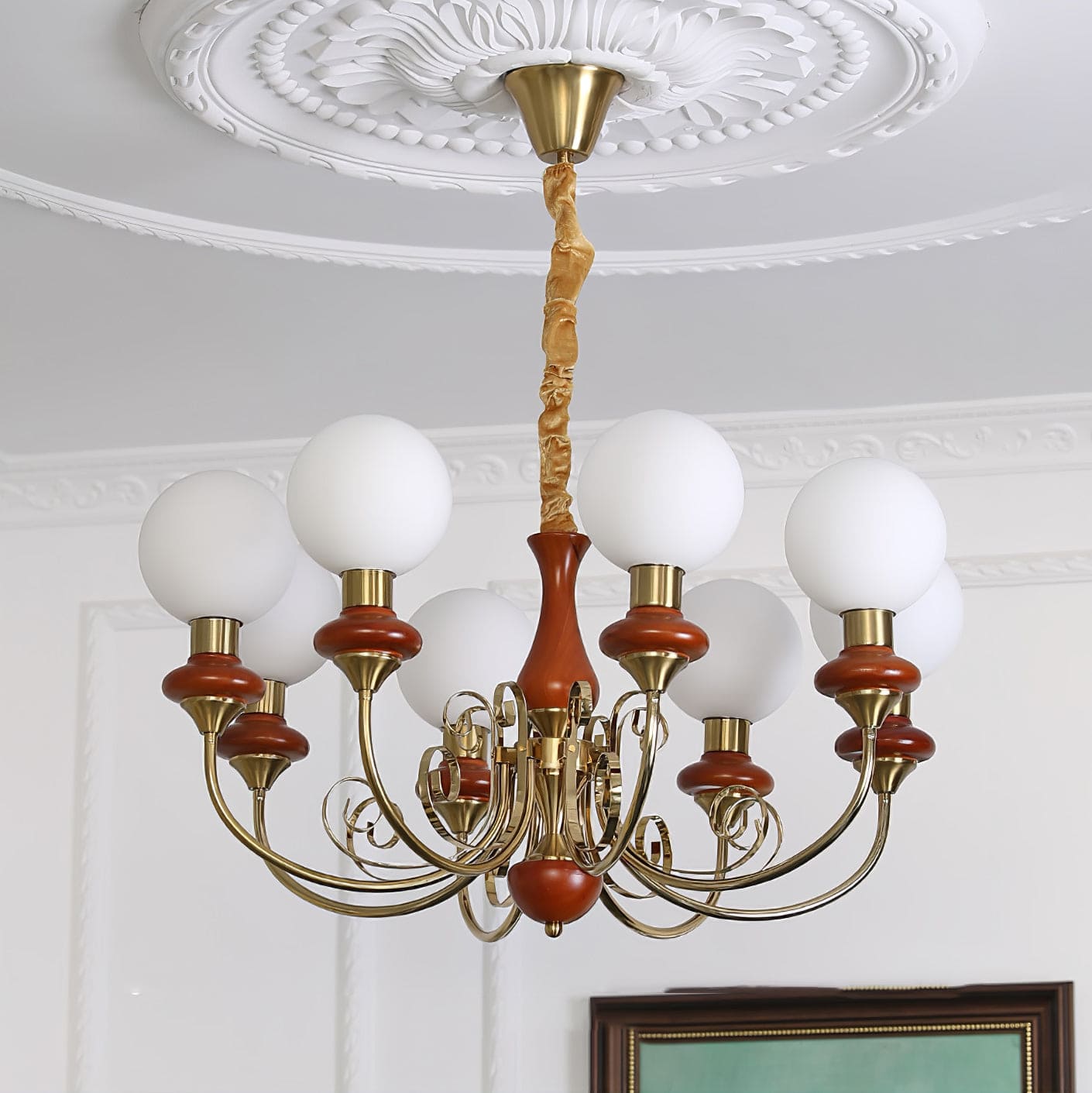 Vintage Chandelier with Spherical Shades & Arms