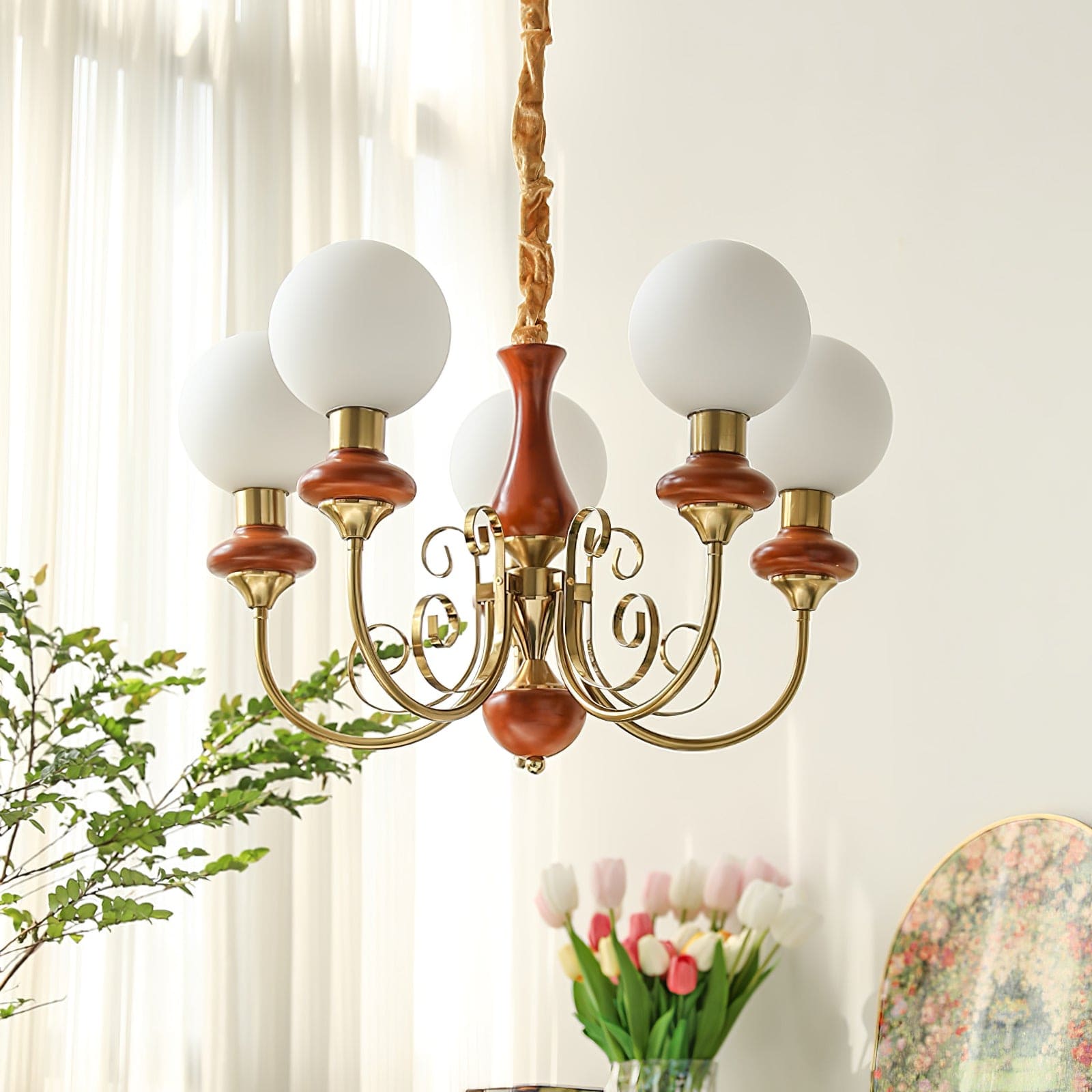 Vintage Chandelier with Spherical Shades & Arms