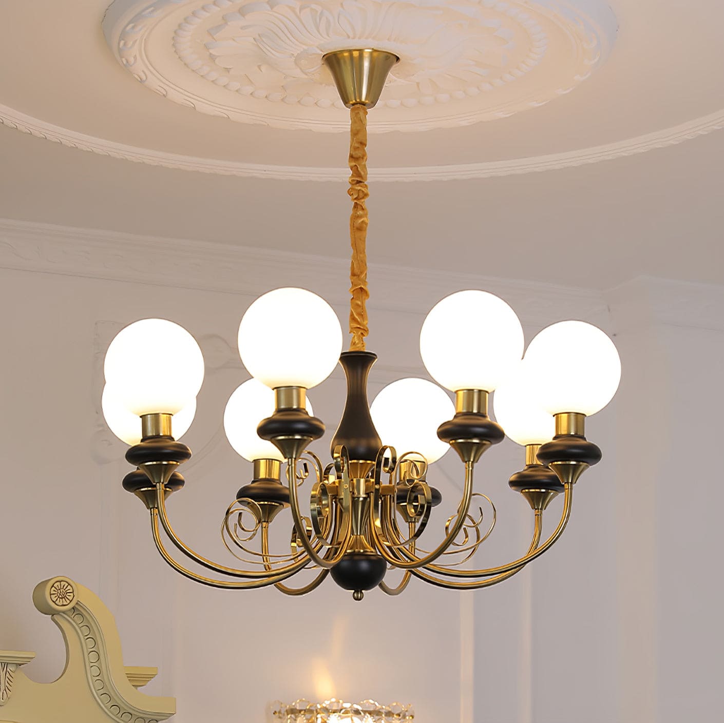 Vintage Chandelier with Spherical Shades & Arms