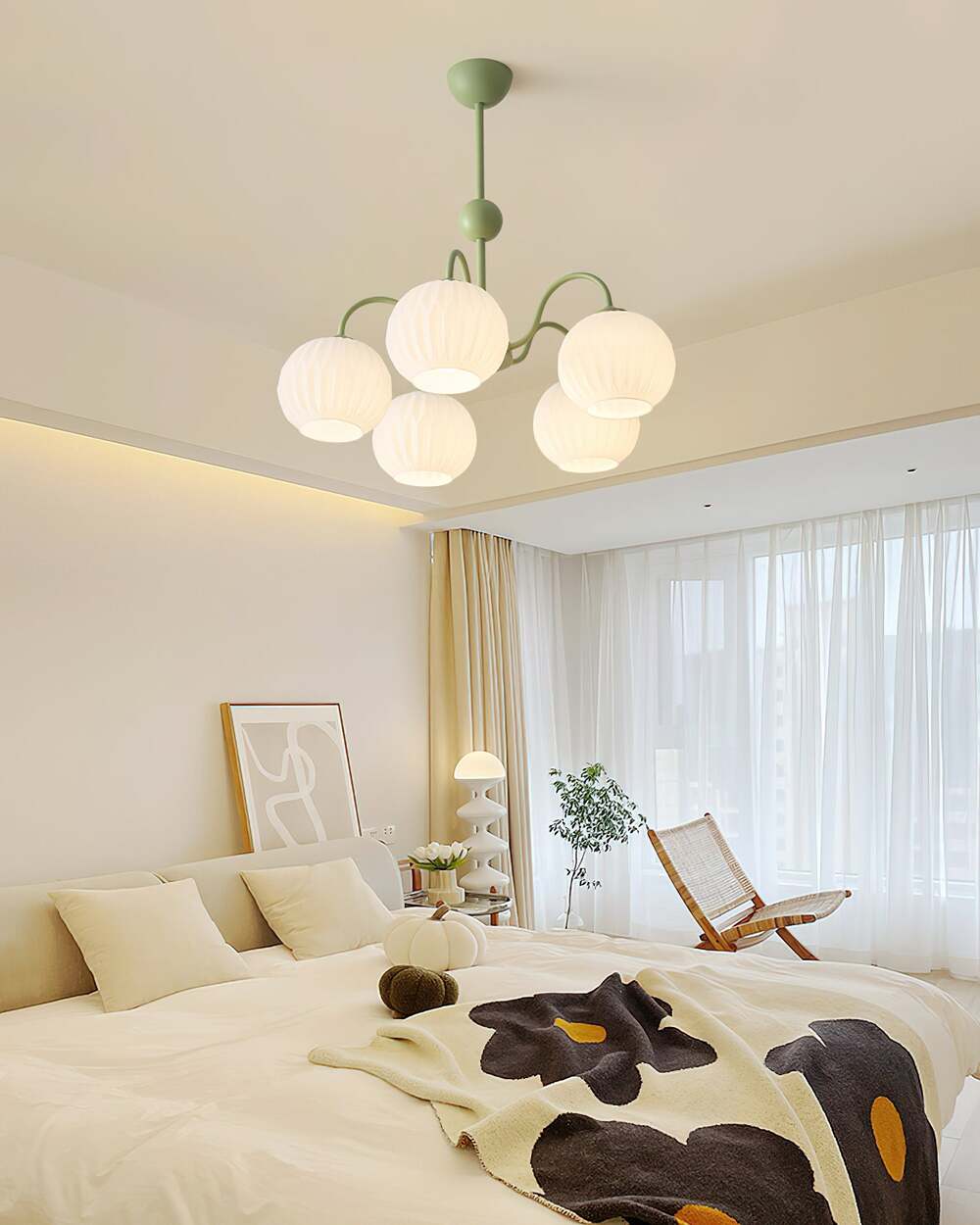 Mid-Century Modern Chandelier & Ribbed Glass Shades