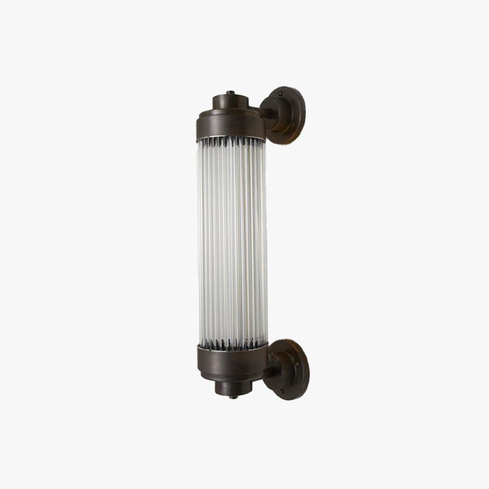 Copper outdoor wall lamp with ribbed glass shade, ideal for modern exterior lighting on porches, patios, and courtyards. Weatherproof and stylish.