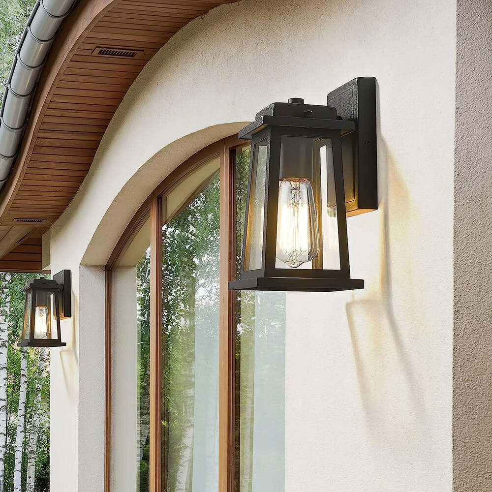 Modern Classic Outdoor Lantern Wall Lamp with Black Metal and Glass Panels