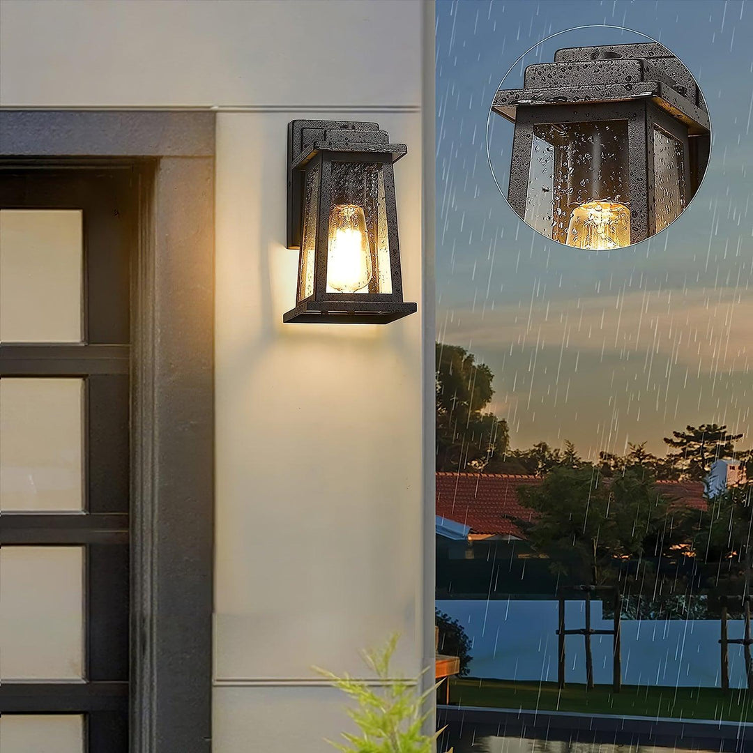 Modern Classic Outdoor Lantern Wall Lamp with Black Metal and Glass Panels