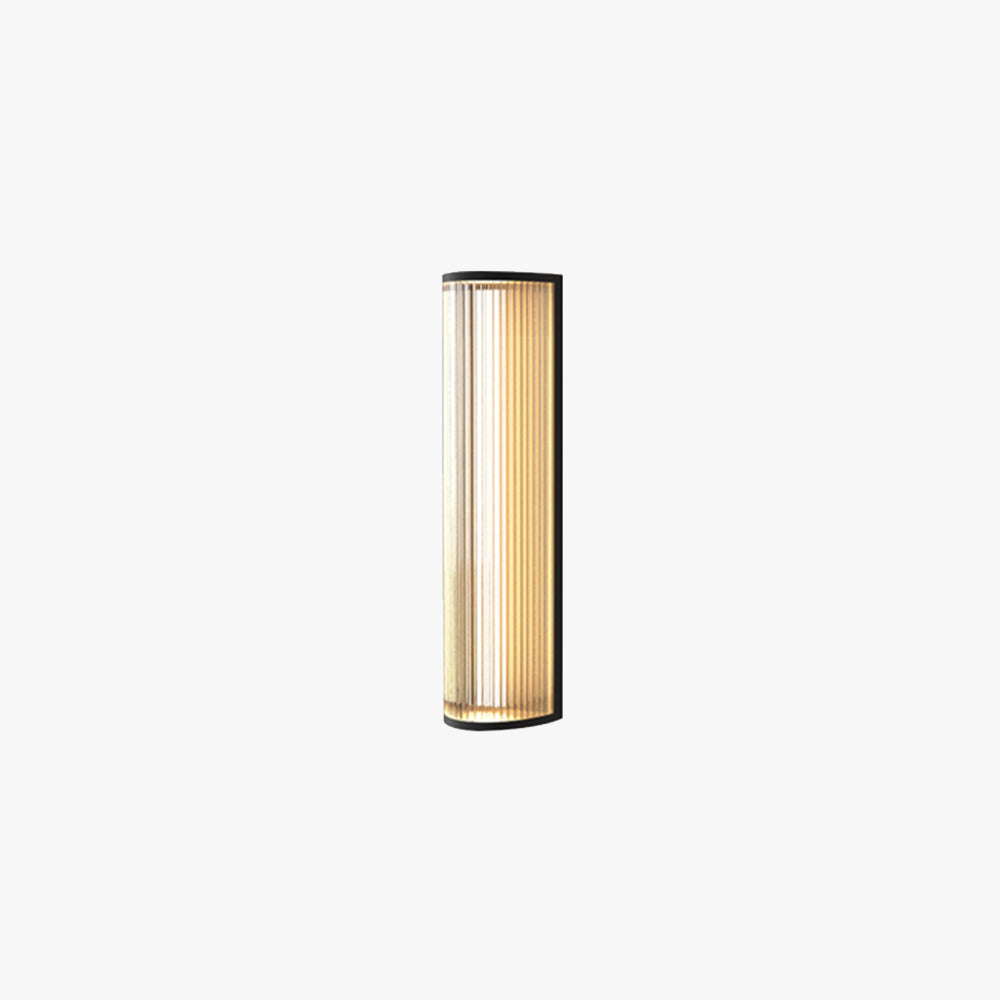 Modern semi-cylindrical outdoor wall lamp with waterproof metal frame and acrylic shade. Ideal for patios, porches, and gardens. Vertical design for contemporary outdoor spaces.