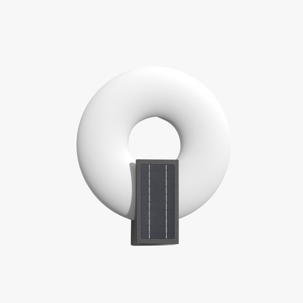 Modern solar-powered circular outdoor wall lamp with a black arm and acrylic shade. Waterproof and ideal for gardens, balconies, and patios. Soft, warm light for outdoor spaces.