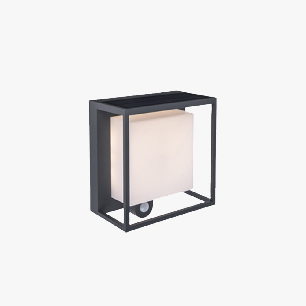 Modern solar-powered rectangular LED outdoor wall lamp with a sensor. Sleek, waterproof design, ideal for gardens, garages, and porches.