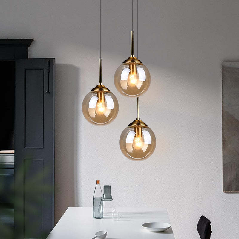 Modern Sphere Pendant Light with Amber Glass