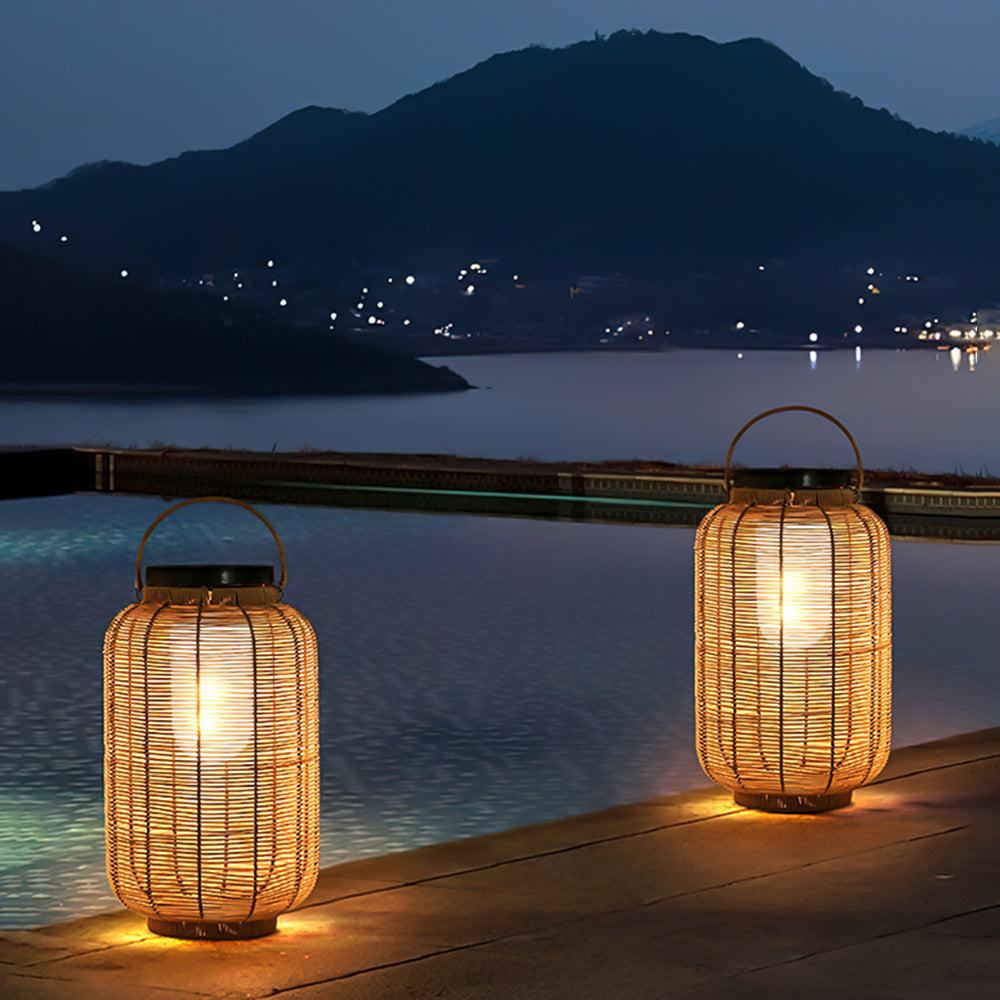 Outdoor Solar Vintage Rattan Floor Lantern