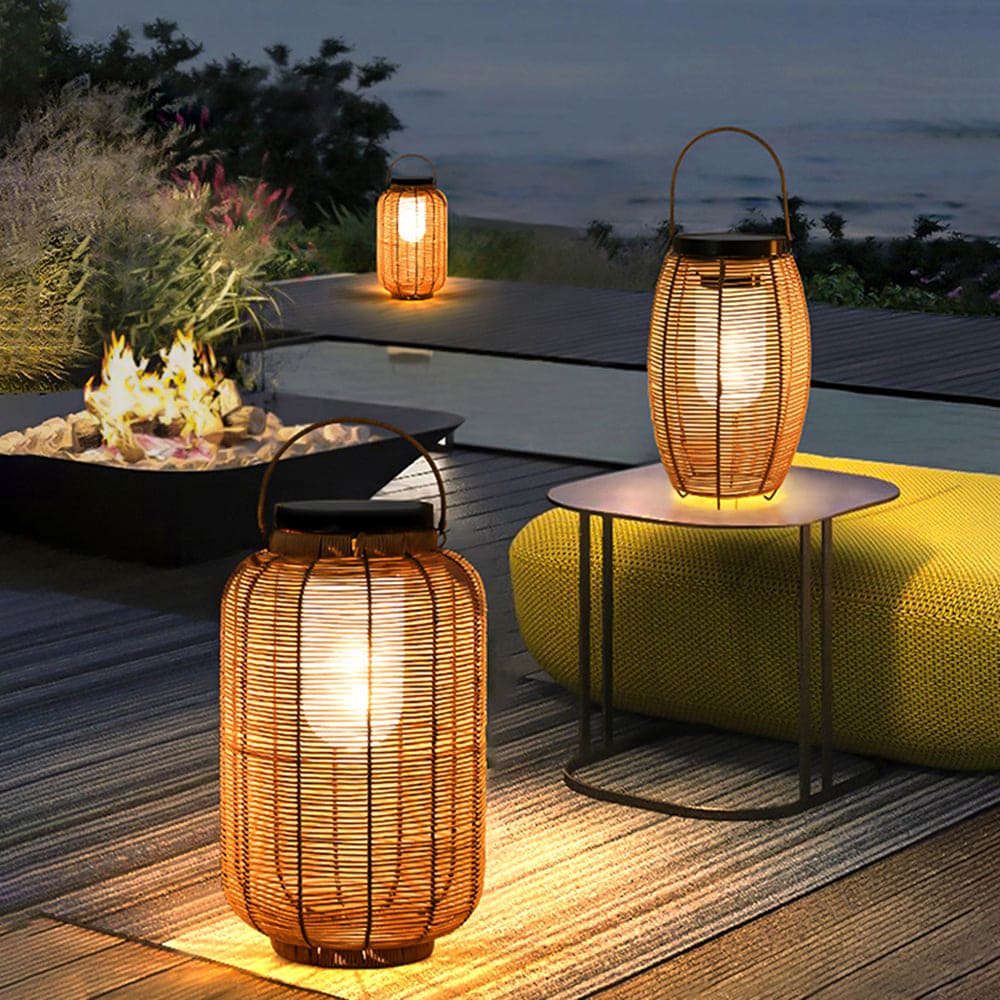 Outdoor Solar Vintage Rattan Floor Lantern