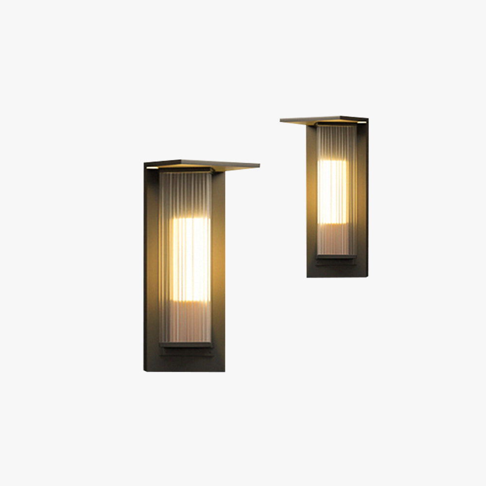 Rectangular modern acrylic outdoor wall lamp with black metal frame and warm beige light. Waterproof and ideal for outdoor areas like patios, porches, and gardens. Available in solar or hardwired options.