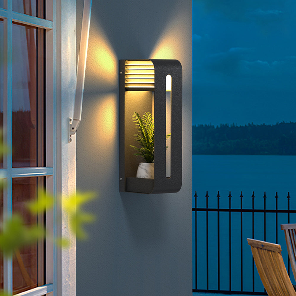 Modern Solar-Powered Rectangular LED Outdoor Wall Lamp with Plant Holder
