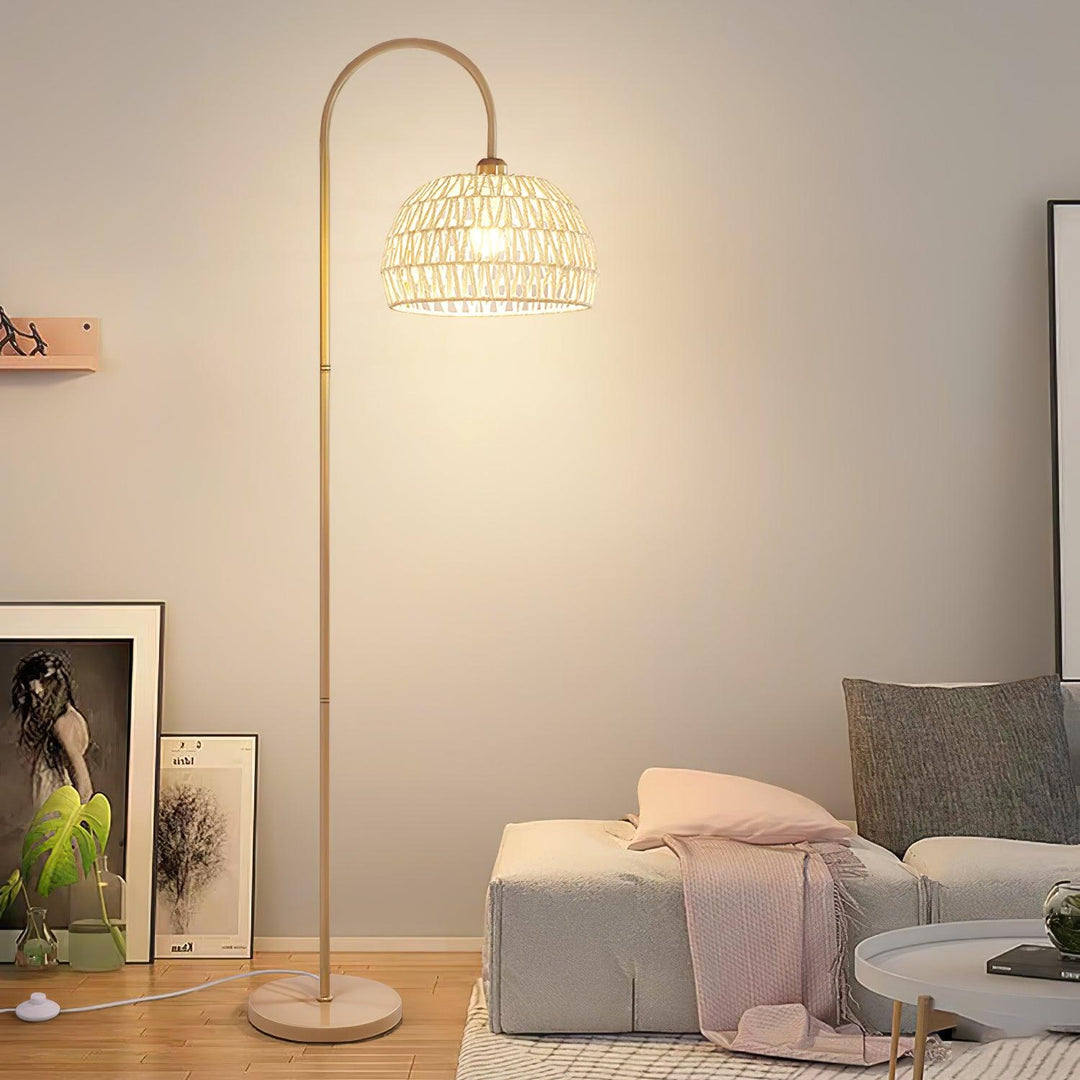 Eco-Friendly Rattan Arch Floor Lamp – Modern Beige Design