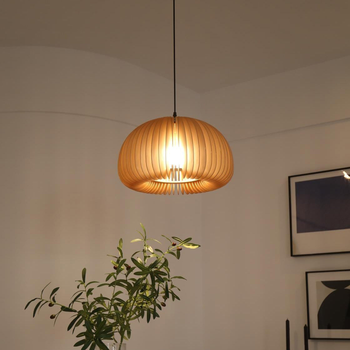 Japandi Style Pumpkin Wood Pendant Lamp