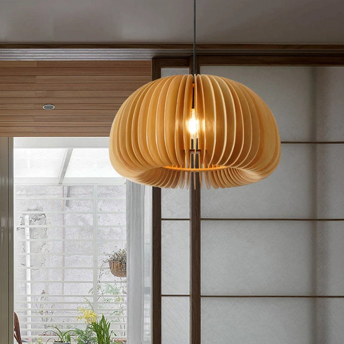 Japandi Style Pumpkin Wood Pendant Lamp