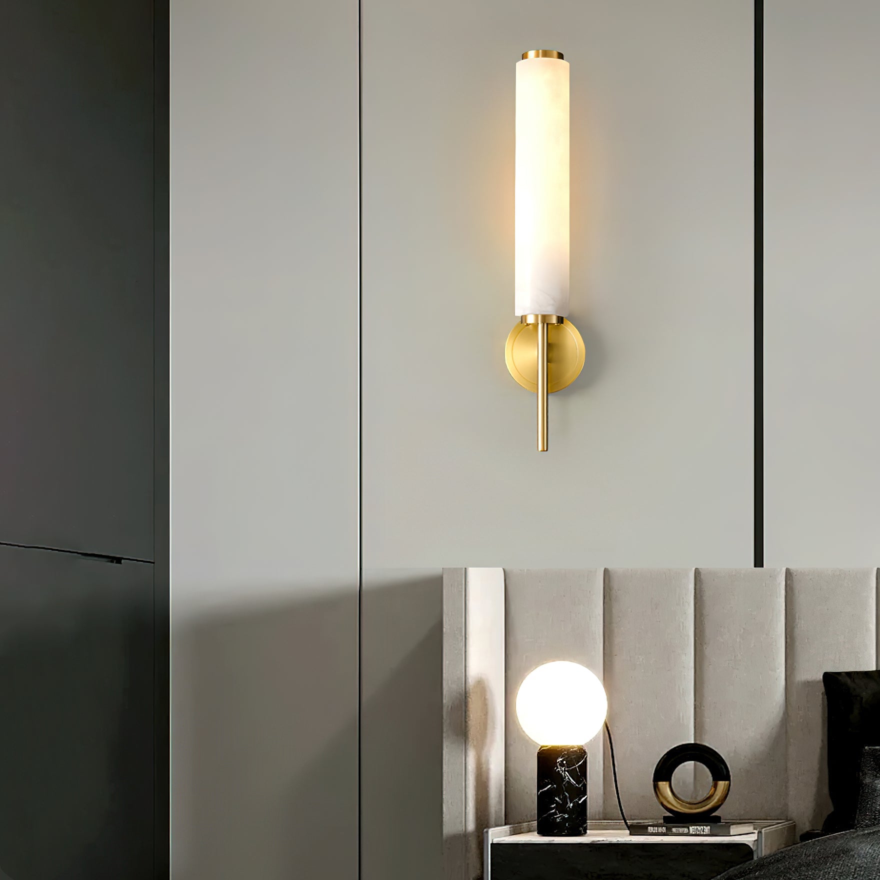 Modern Brass Wall Sconce – Tall Opaque Glass Shade