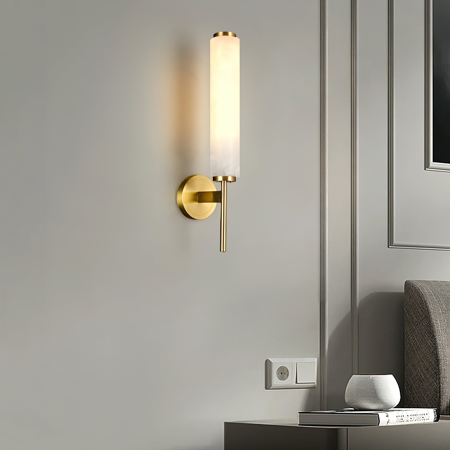 Modern Brass Wall Sconce – Tall Opaque Glass Shade