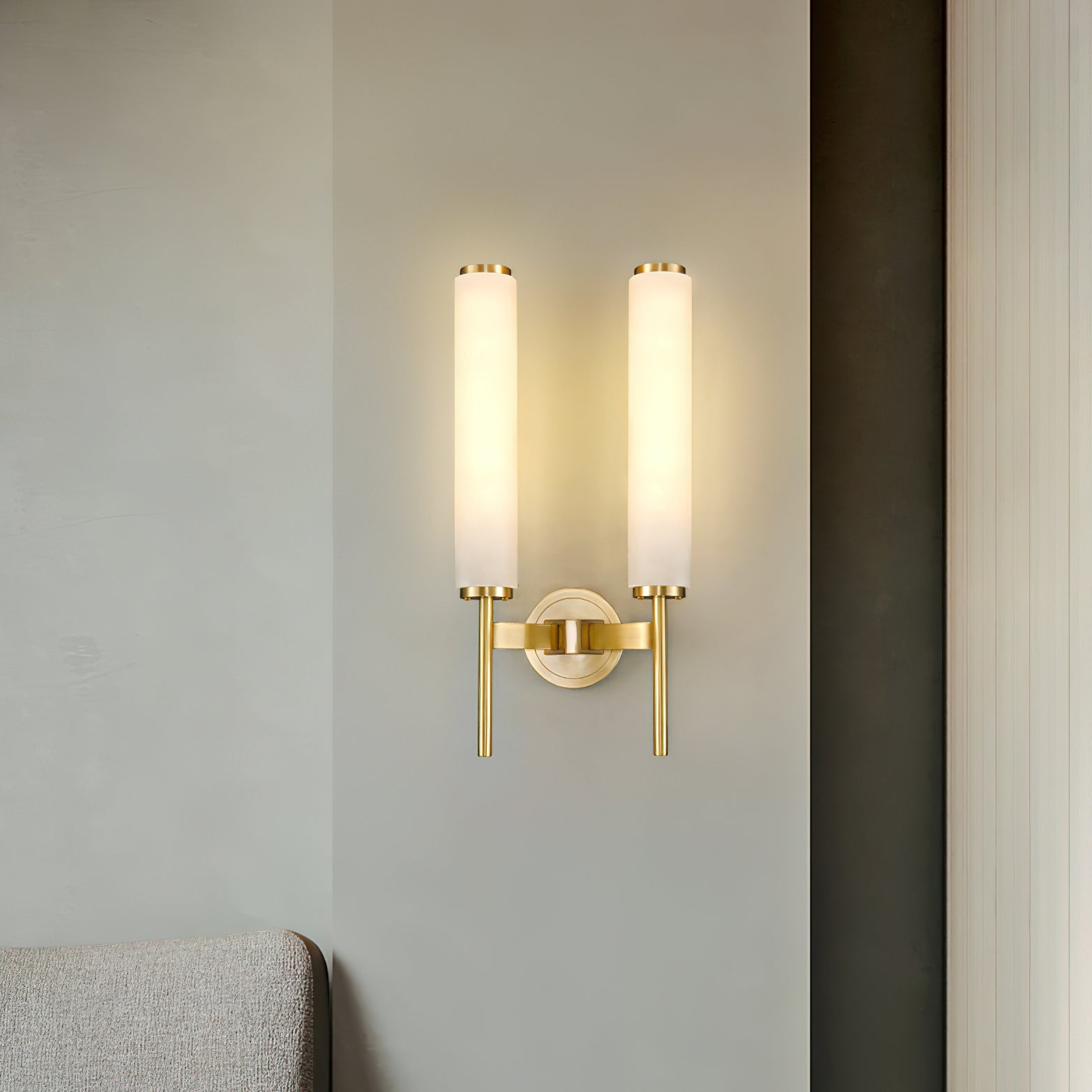 Modern Brass Wall Sconce – Tall Opaque Glass Shade