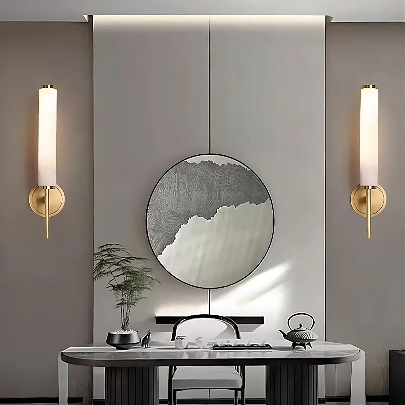 Modern Brass Wall Sconce – Tall Opaque Glass Shade