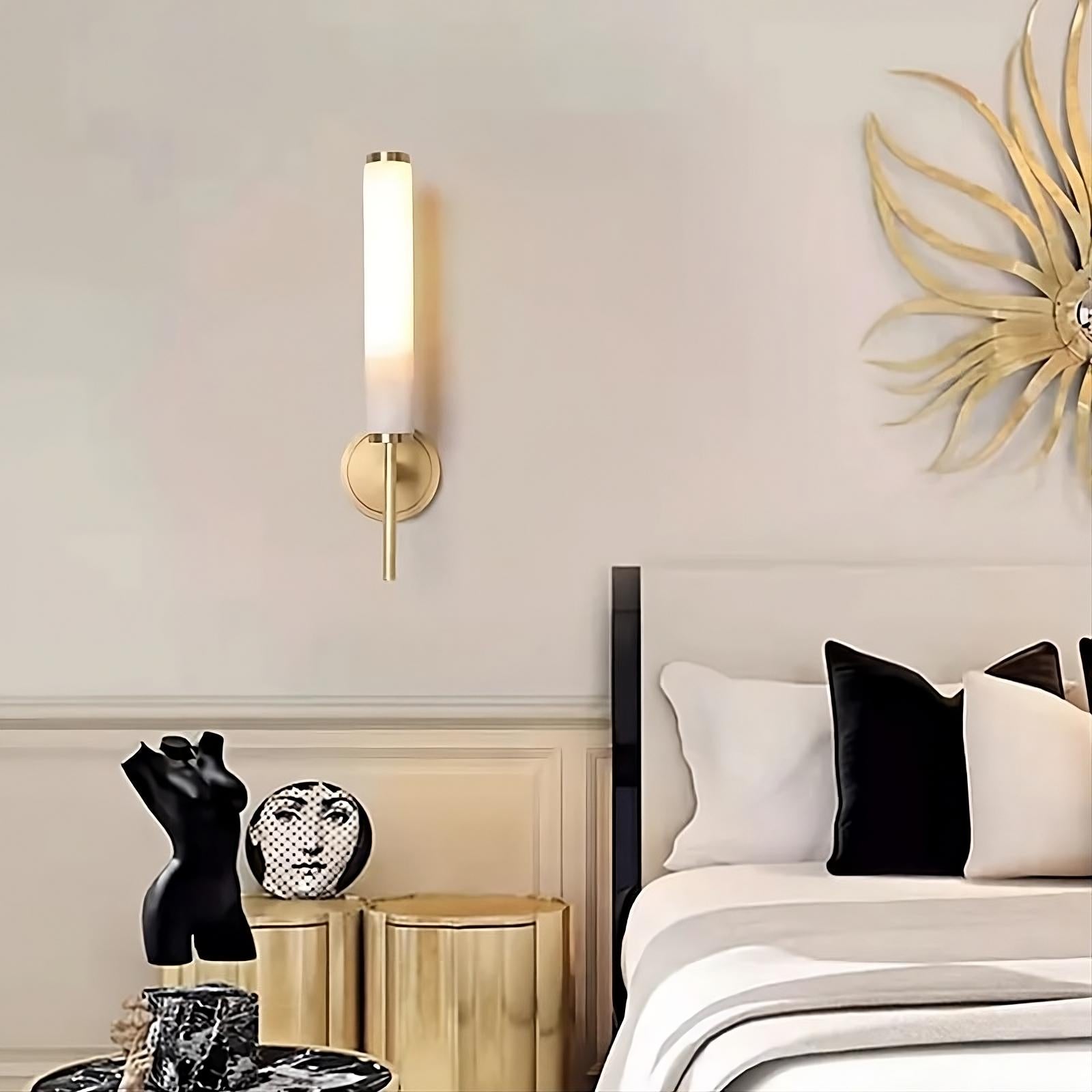 Modern Brass Wall Sconce – Tall Opaque Glass Shade