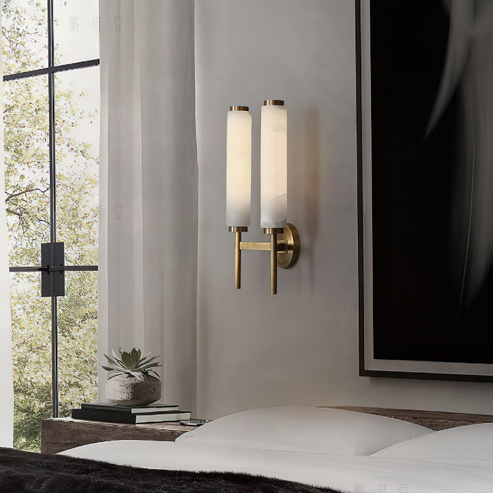 Modern Brass Wall Sconce – Tall Opaque Glass Shade