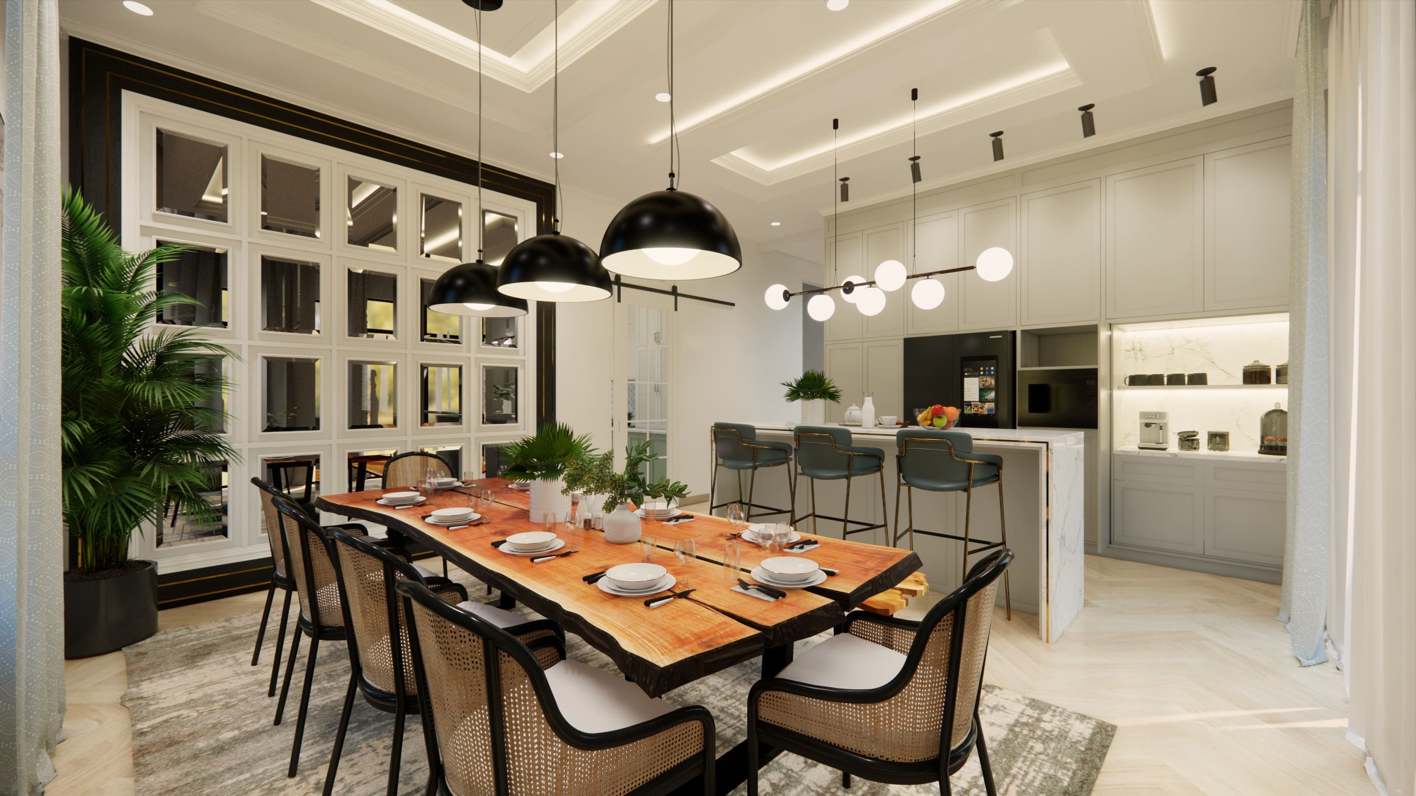 A modern dining room featuring stylish pendant lights, illuminating a wooden dining table set for a meal, with elegant decor and lush green plants.