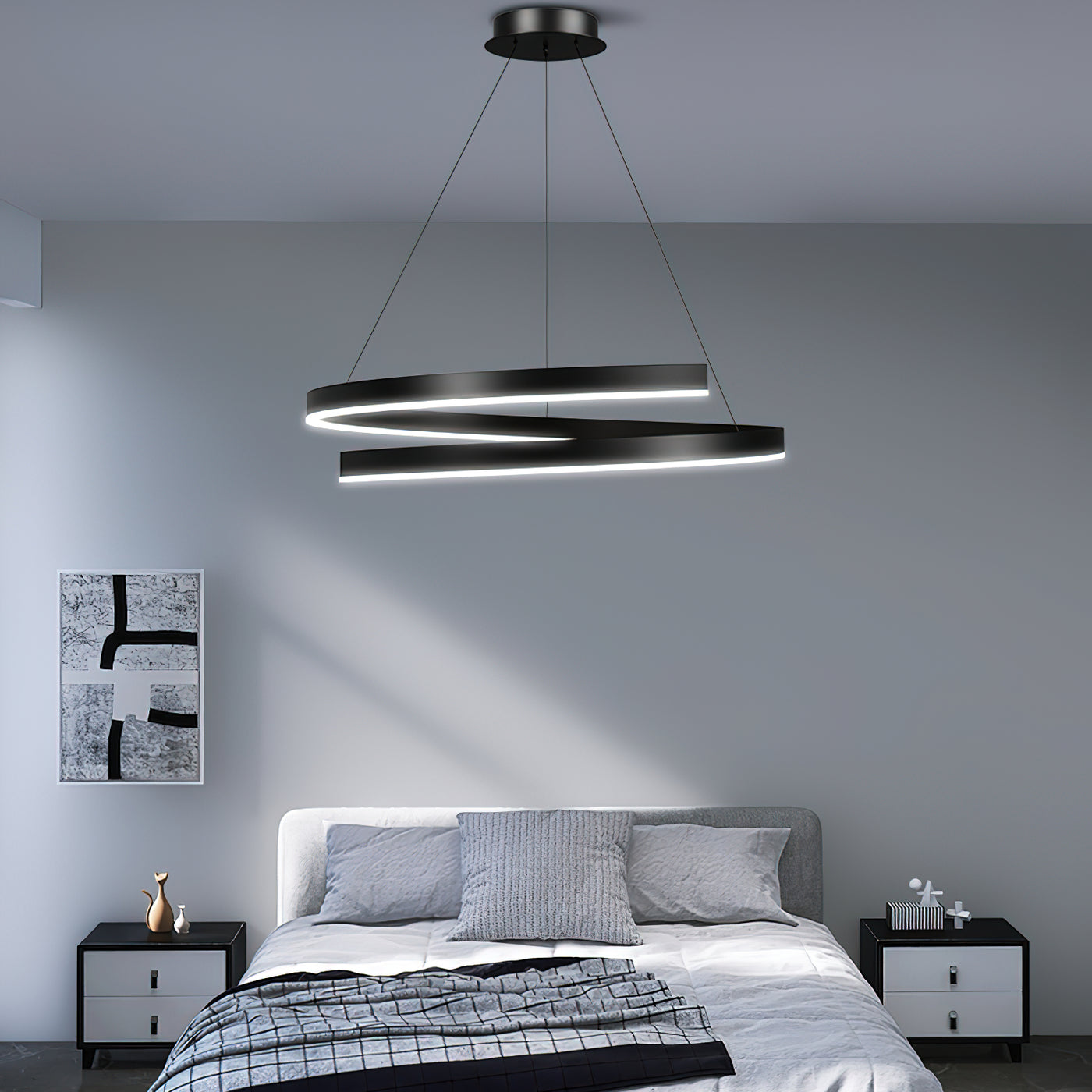 White modern pendant light with adjustable dimmable LED rings in a dining room