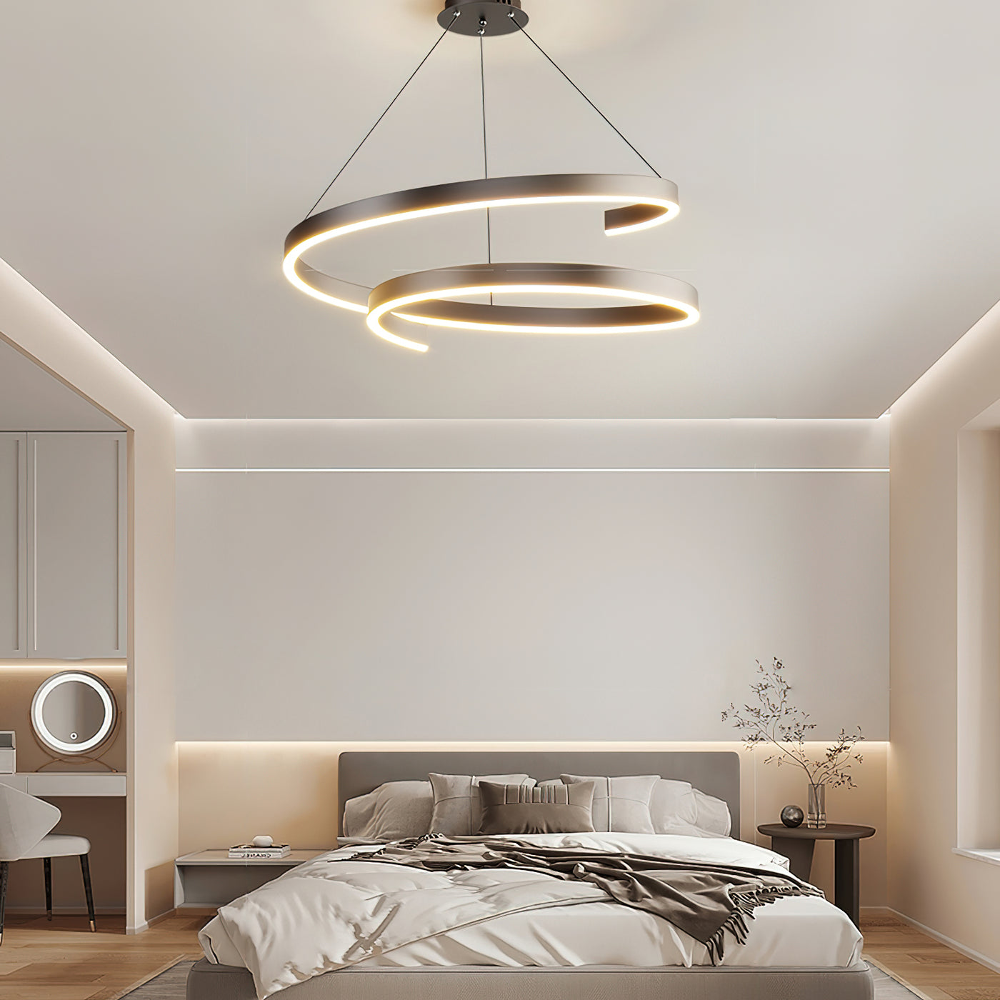 Black modern pendant light with adjustable dimmable LED rings in a bedroom