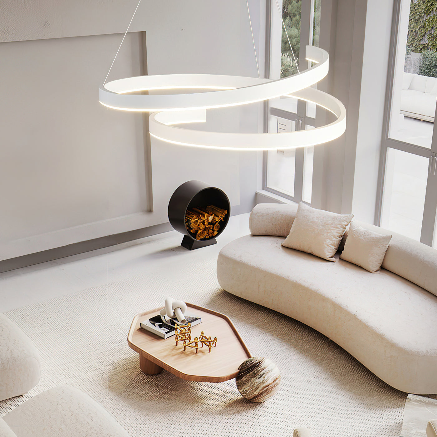 White modern pendant light with adjustable dimmable LED rings in a contemporary living space