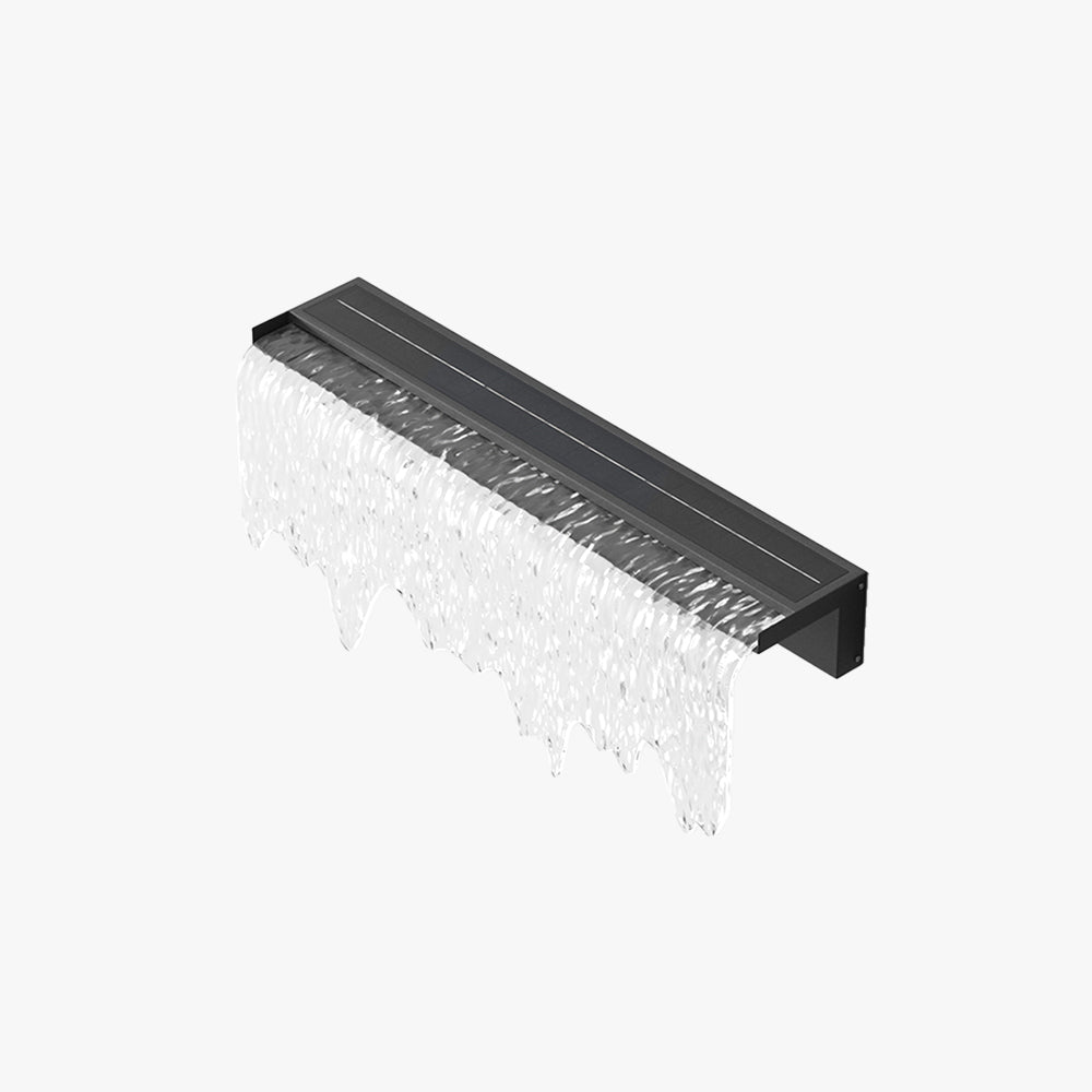 Modern solar outdoor wall lamp with a flowing water effect, featuring a black body and acrylic shade. Waterproof and ideal for decorative garden lighting and patios.

