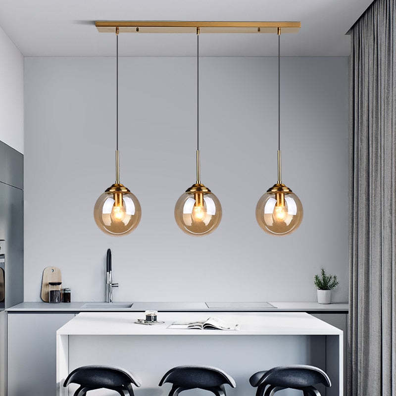 Modern Sphere Pendant Light with Amber Glass