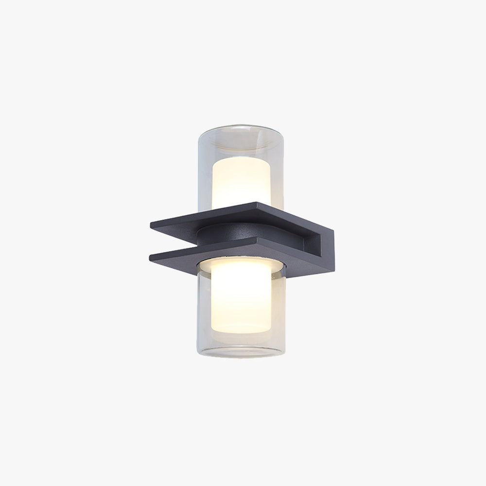 Modern two-head cylindrical metal and glass outdoor wall lamp. Waterproof and energy-efficient LED light for courtyards, patios, and balconies. Ideal for outdoor decorative lighting.

