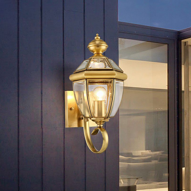 Vintage Gold Lantern Outdoor Wall Lamp with Metal and Glass Design