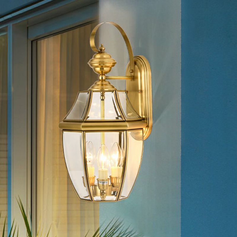 Vintage Gold Lantern Outdoor Wall Lamp with Metal and Glass Design