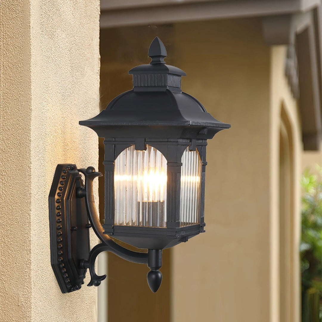 Vintage Style Outdoor Wall Lantern with Black Metal Frame and Glass Panels